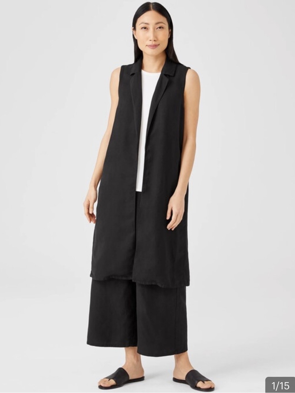 Eileen Fisher Sleeveless Black Open-Front Duster Vest Tencel Lyocell Linen